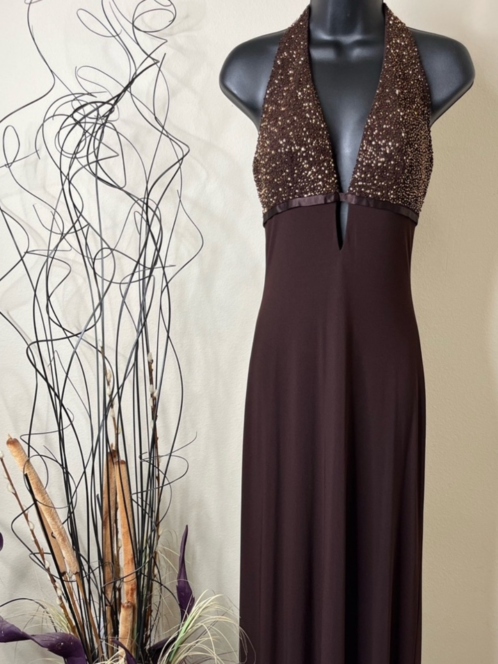 NWT Laundry By Shelli Segal Chocolate Brown Beaded Halter Maxi Gown Dress Sz 6